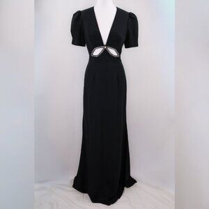 Ieena For Mac Duggal Black Plunge Neck Puff Sleeve Cut Out Gown, Black, US 2